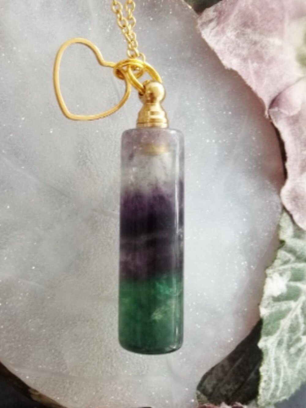 Rainbow Fluorite Crystal Perfume Empty Vial Pendant Necklace